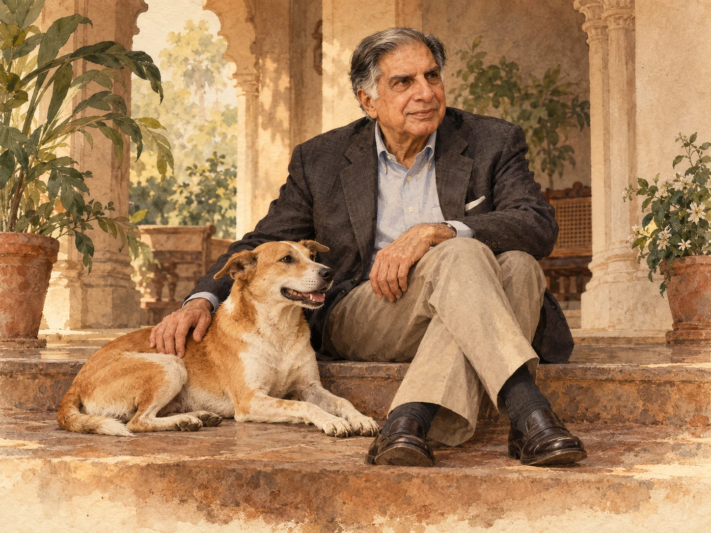 Respectful editorial tribute illustration of Ratan Tata with an indie street dog